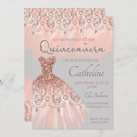 Quinceanera Uitnodiging roos goud, 15e verjaardag (Voorkant / Achterkant)