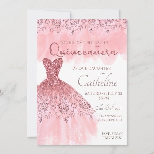 Quinceanera Uitnodiging roze 15e verjaardag (Voorkant)