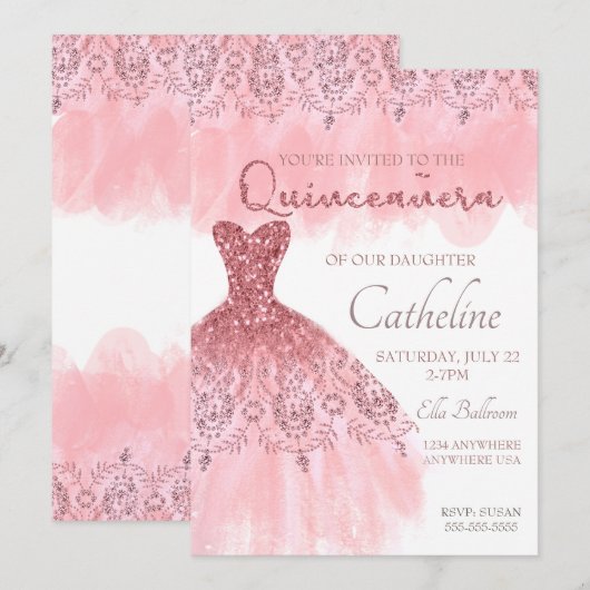 Quinceanera Uitnodiging roze 15e verjaardag (Voorkant / Achterkant)
