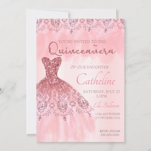 Quinceanera Uitnodiging roze 15e verjaardag (Voorkant)