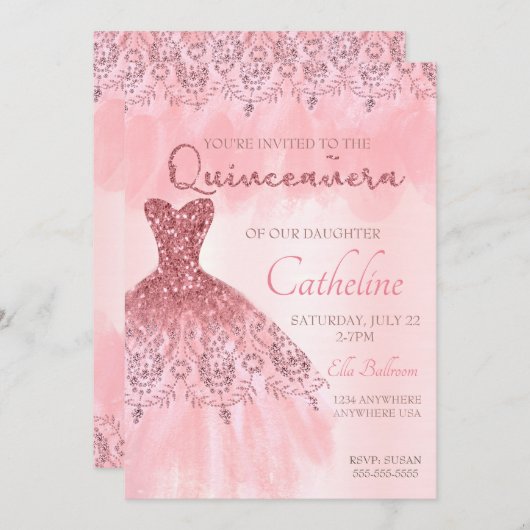 Quinceanera Uitnodiging roze 15e verjaardag (Voorkant / Achterkant)