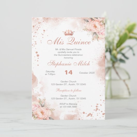 Quinceanera Uitnodiging roze bloemig (Staand voorkant)
