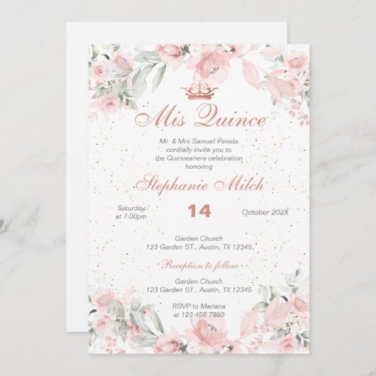 Quinceanera Uitnodiging roze bloemig (Voorkant / Achterkant)