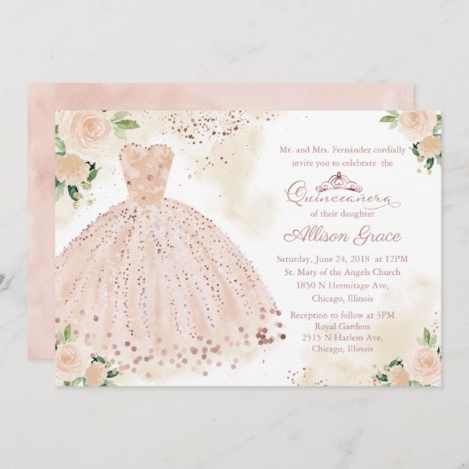 Quinceanera uitnodiging Roze Goud Roze Blush Jurk (Voorkant / Achterkant)