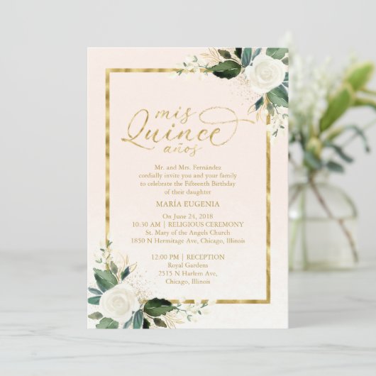Quinceanera Uitnodiging Roze Gouden Folie Bloemen (Staand voorkant)