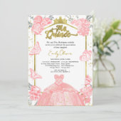 Quinceanera Uitnodiging Roze Jurk Bloemen Gouden F (Staand voorkant)