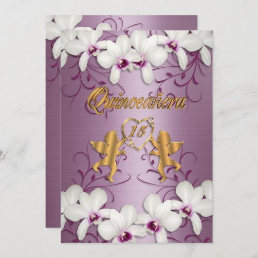 Quinceanera Uitnodiging satijn witte orchideeën (Voorkant / Achterkant)
