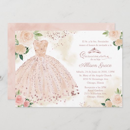 Quinceanera Uitnodiging Spaans Blush Roos Goud (Voorkant / Achterkant)
