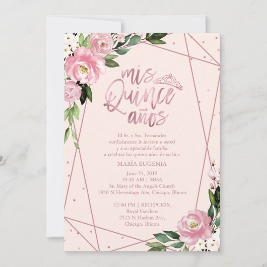 Quinceanera Uitnodiging Spaans Blush Roos Goud (Voorkant)