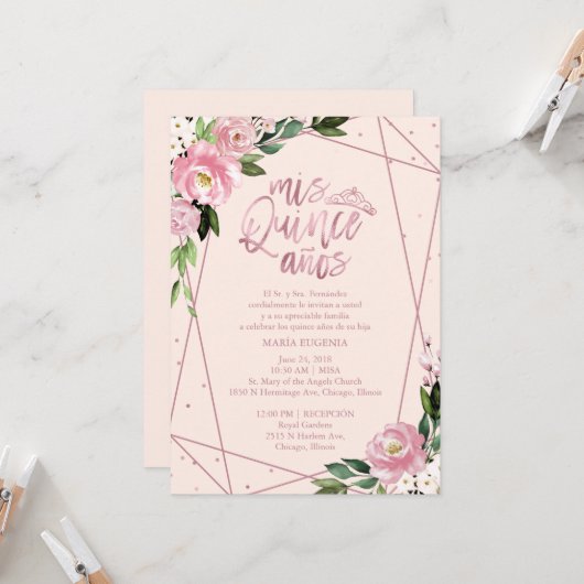 Quinceanera Uitnodiging Spaans Blush Roos Goud (Voorkant / Achterkant in situ)