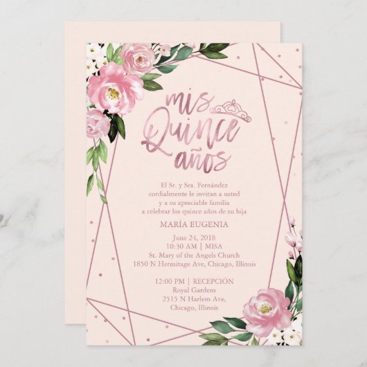 Quinceanera Uitnodiging Spaans Blush Roos Goud (Voorkant / Achterkant)
