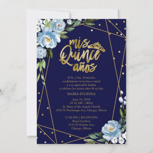 Quinceanera Uitnodiging Spaans Donkerblauw Gouden (Voorkant)