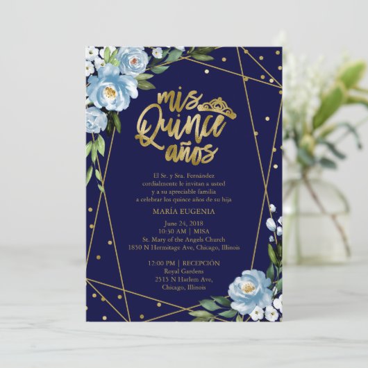 Quinceanera Uitnodiging Spaans Donkerblauw Gouden (Staand voorkant)