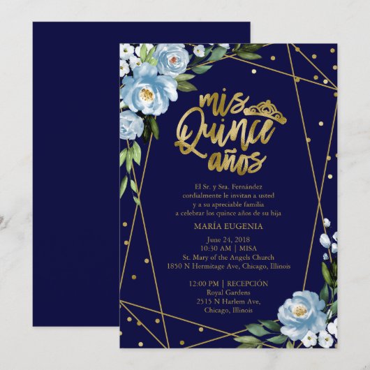 Quinceanera Uitnodiging Spaans Donkerblauw Gouden (Voorkant / Achterkant)