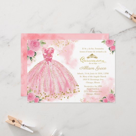 Quinceanera Uitnodiging Spaans Heet Roze Goud (Voorkant / Achterkant in situ)