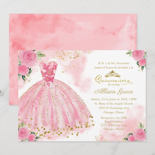 Quinceanera uitnodiging Spaans Hot Pink Gold (Voorkant / Achterkant)