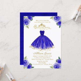 Quinceanera Uitnodiging Spaans Koningsblauw Gewaad