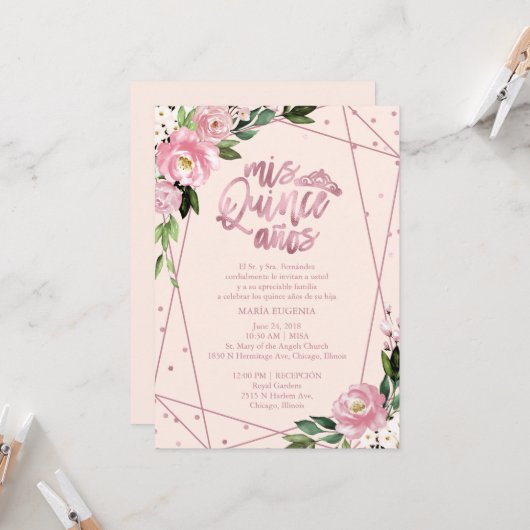 Quinceanera-uitnodiging Spaans roze roosgoud Kaart (Voorkant / Achterkant in situ)