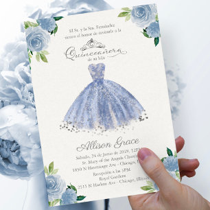 Quinceanera-uitnodiging Spaanse blauwe jurk bloem Kaart