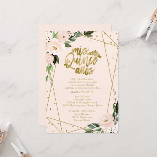 Quinceanera uitnodiging Spaanse Blush Gouden Folie (Voorkant / Achterkant in situ)