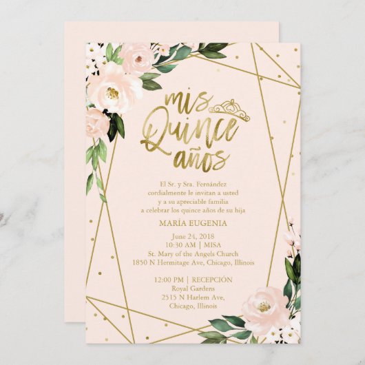 Quinceanera uitnodiging Spaanse Blush Gouden Folie (Voorkant / Achterkant)