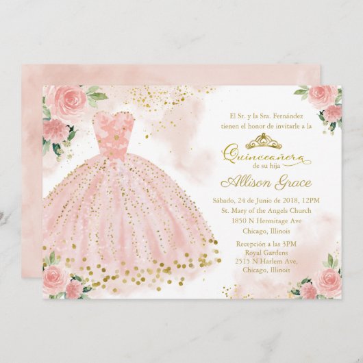 Quinceanera uitnodiging Spaanse Blush Gouden Folie (Voorkant / Achterkant)
