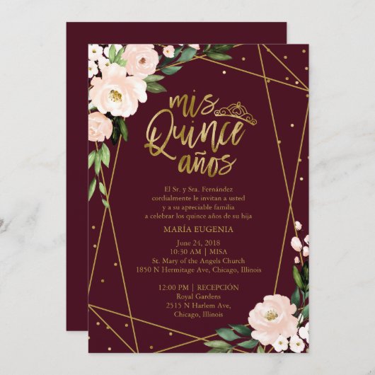 Quinceanera uitnodiging Spaanse Blush Gouden Folie (Voorkant / Achterkant)