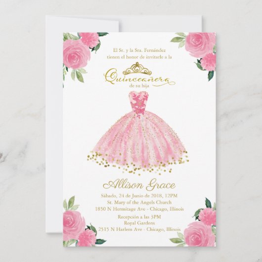 Quinceanera Uitnodiging Spaanse Hot Pink Gown (Voorkant)