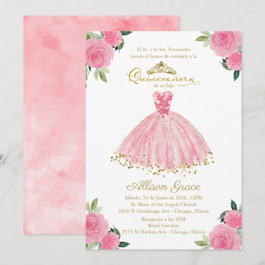Quinceanera Uitnodiging Spaanse Hot Pink Gown (Voorkant / Achterkant)