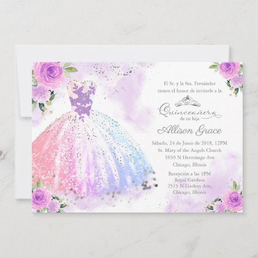 Quinceanera uitnodiging Spaanse pastel kleur jurk (Voorkant)