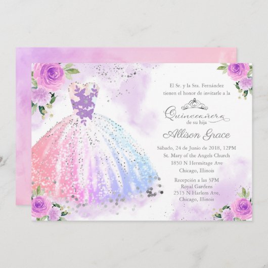 Quinceanera uitnodiging Spaanse pastel kleur jurk (Voorkant / Achterkant)