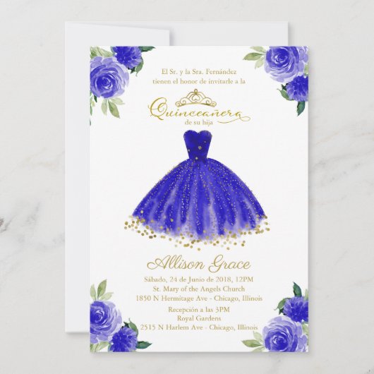 Quinceanera Uitnodiging Spaanse Royal Blue Gown (Voorkant)
