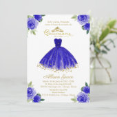 Quinceanera Uitnodiging Spaanse Royal Blue Gown (Staand voorkant)