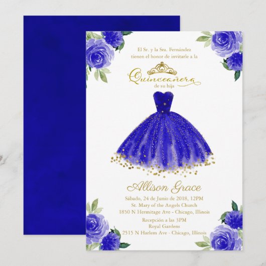 Quinceanera Uitnodiging Spaanse Royal Blue Gown (Voorkant / Achterkant)