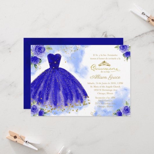Quinceanera Uitnodiging tot Spaans Gold Royal Blue (Voorkant / Achterkant in situ)