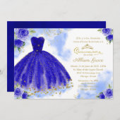 Quinceanera Uitnodiging tot Spaans Gold Royal Blue (Voorkant / Achterkant)