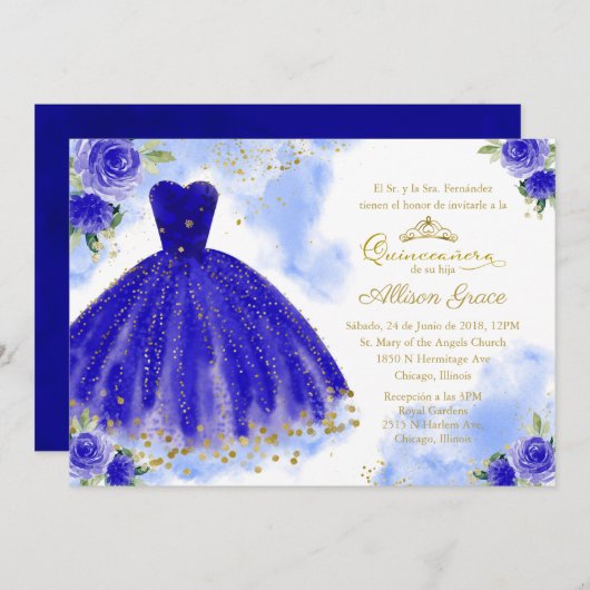 Quinceanera Uitnodiging tot Spaans Gold Royal Blue (Voorkant / Achterkant)