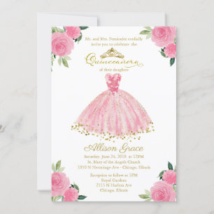 Quinceanera uitnodiging tweetalig heet roze jurk