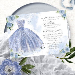 Quinceanera-uitnodiging tweetalig lichtblauwe jurk kaart