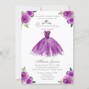 Quinceanera-uitnodiging tweetalig paarse blos jurk kaart