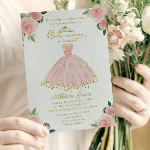 Quinceanera-uitnodiging tweetalig roze blos jurk kaart