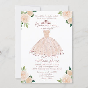 Quinceanera-uitnodiging tweetalig roze blos jurk kaart