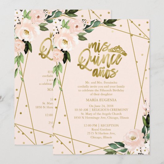 Quinceanera-uitnodiging tweetalig Roze Blush Kaart (Voorkant / Achterkant)