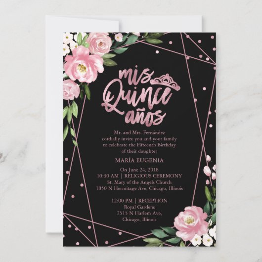 Quinceanera uitnodiging tweetalig roze zwart (Voorkant)