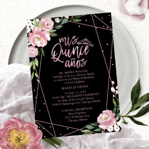 Quinceanera-uitnodiging tweetalig Roze Zwart Kaart