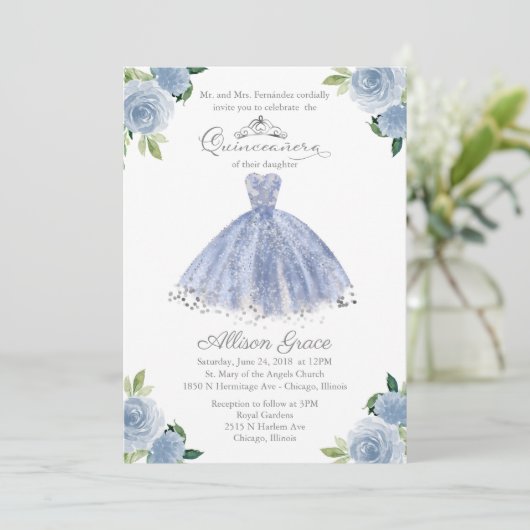 Quinceanera Uitnodiging Tweetalige Blauwe Blush Go (Staand voorkant)