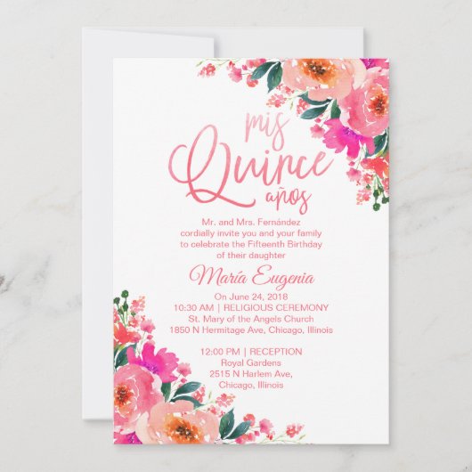Quinceanera Uitnodiging Tweetalige Hot Pink Bloeme (Voorkant)