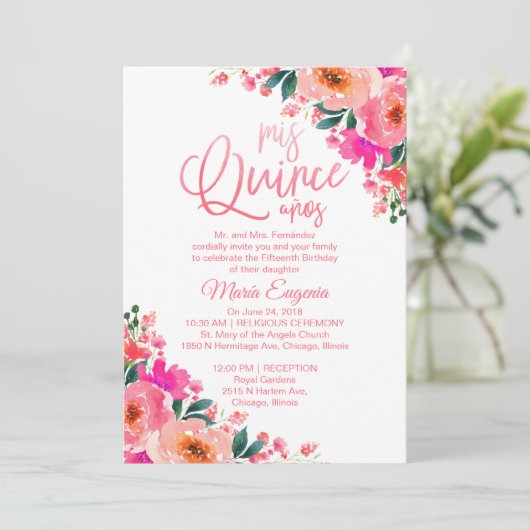 Quinceanera Uitnodiging Tweetalige Hot Pink Bloeme (Staand voorkant)