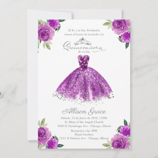 Quinceanera Uitnodiging Tweetalige Paarse Blush Jo (Achterkant)