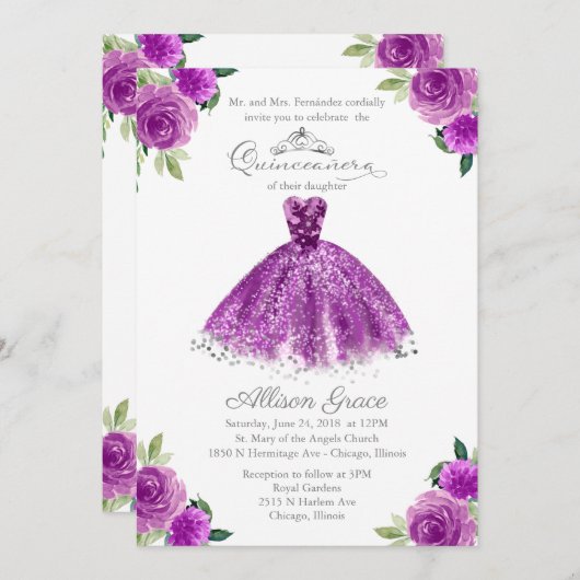 Quinceanera Uitnodiging Tweetalige Paarse Blush Jo (Voorkant / Achterkant)